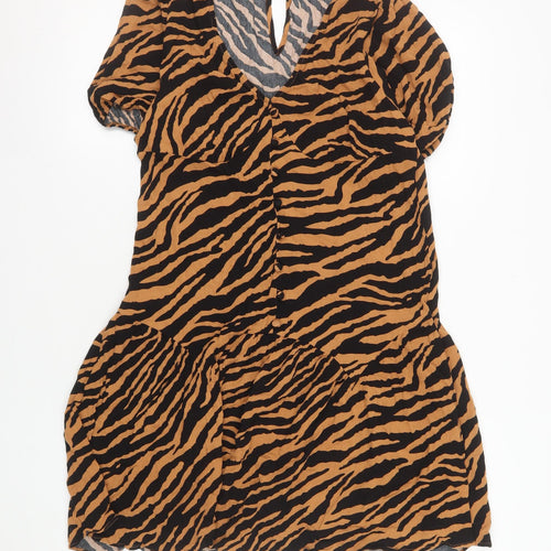 Topshop Women Brown Animal Print Short Sleeve V-Neck Shift Dress Size 14