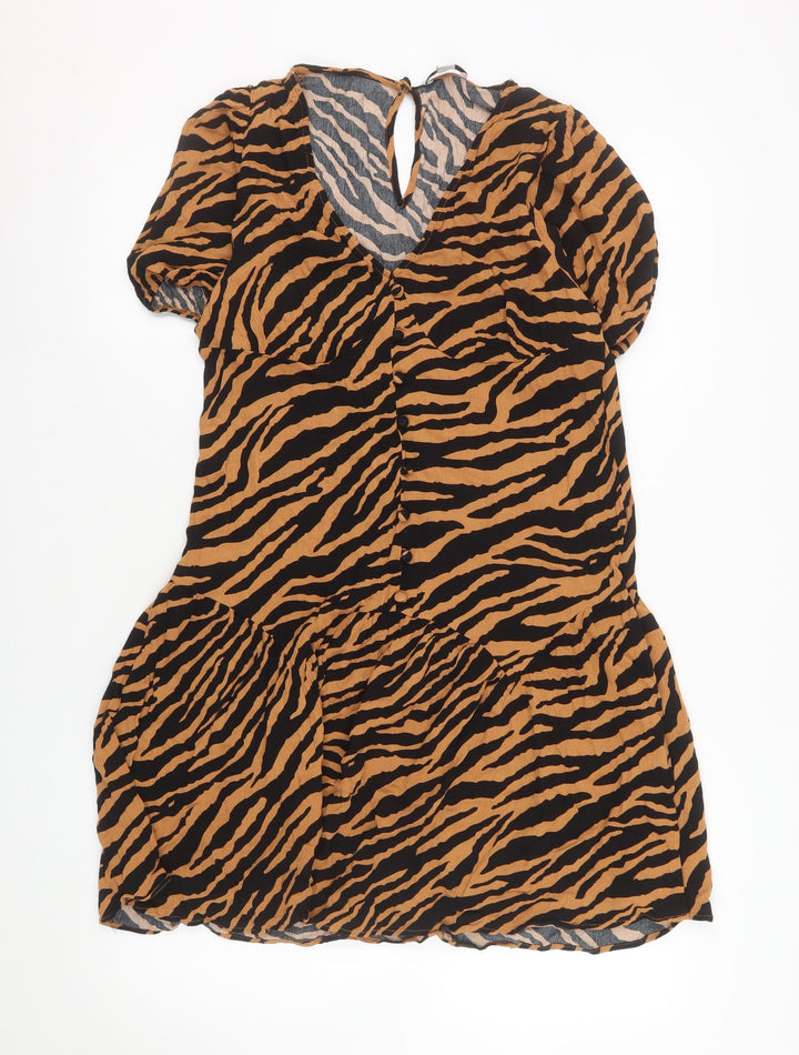Topshop Women Brown Animal Print Short Sleeve V-Neck Shift Dress Size 14