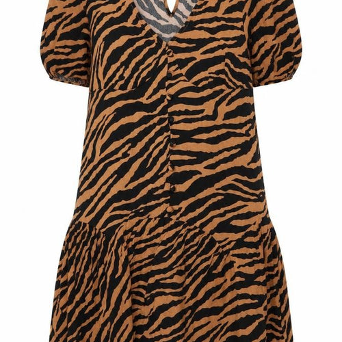 Topshop Women Brown Animal Print Short Sleeve V-Neck Shift Dress Size 14