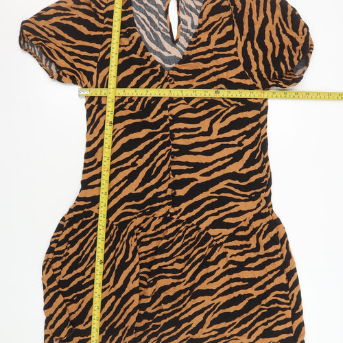 Topshop Women Brown Animal Print Short Sleeve V-Neck Shift Dress Size 14