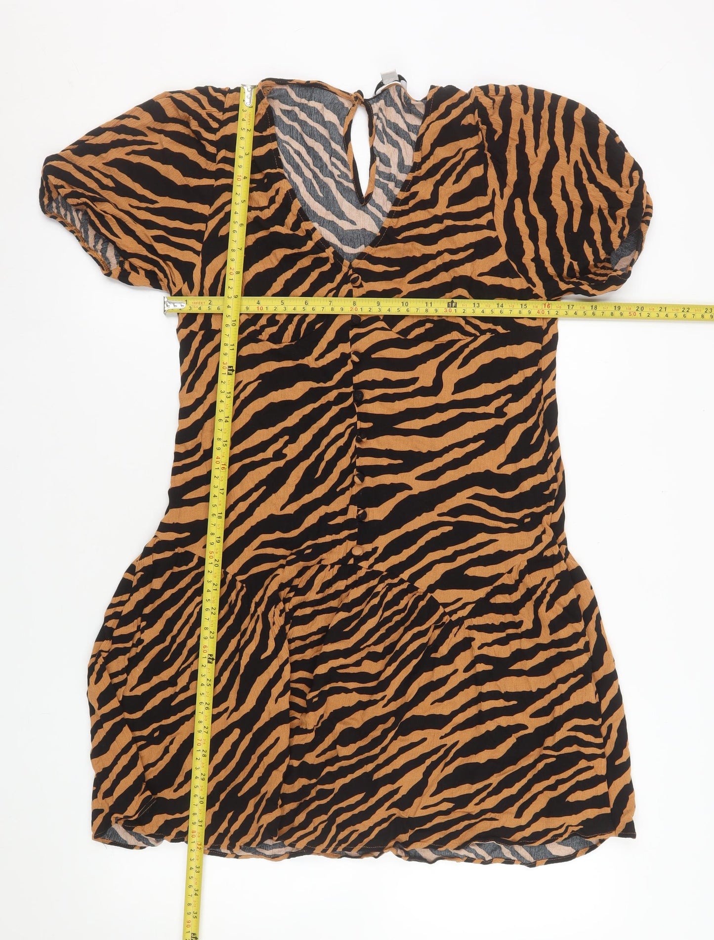 Topshop Women Brown Animal Print Short Sleeve V-Neck Shift Dress Size 14