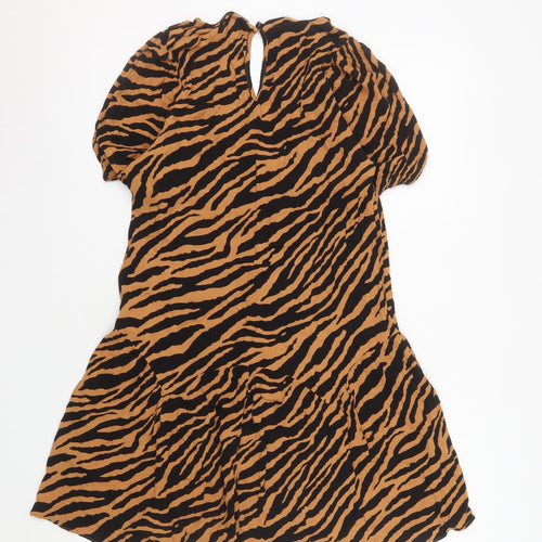 Topshop Women Brown Animal Print Short Sleeve V-Neck Shift Dress Size 14