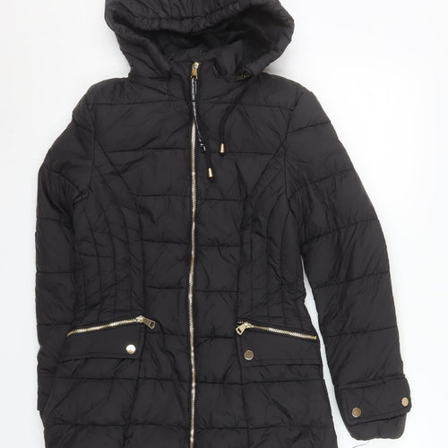 ELLE Women's Black Size 8 Hooded Puffer Jacket Mid Length