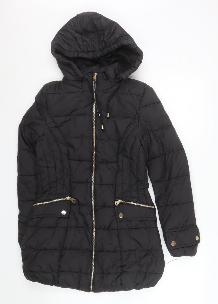 ELLE Women's Black Size 8 Hooded Puffer Jacket Mid Length
