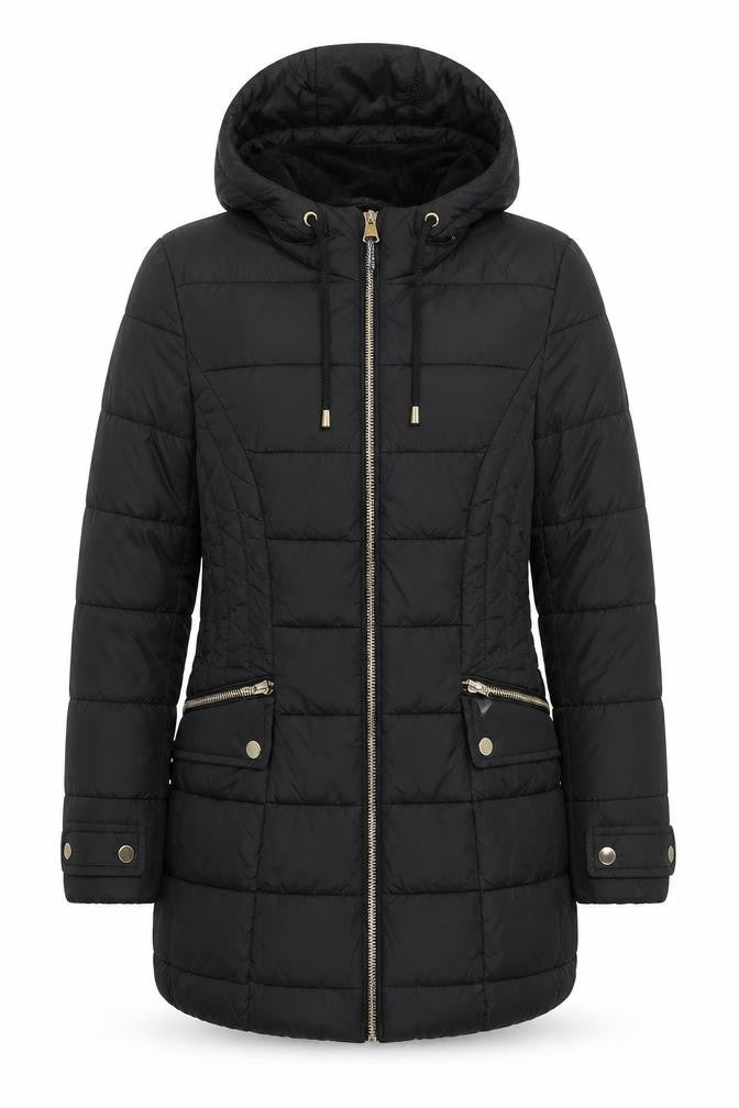 Front view of ELLE Women's Black, size 8, Hooded Puffer Jacket Mid Length
