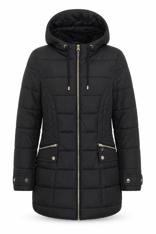 Front view of ELLE Women's Black, size 8, Hooded Puffer Jacket Mid Length