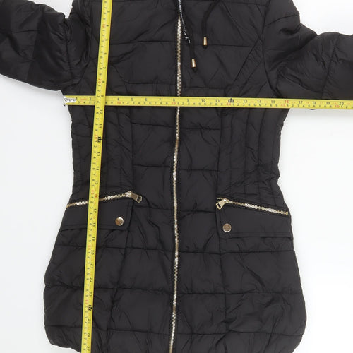 ELLE Women's Black Size 8 Hooded Puffer Jacket Mid Length