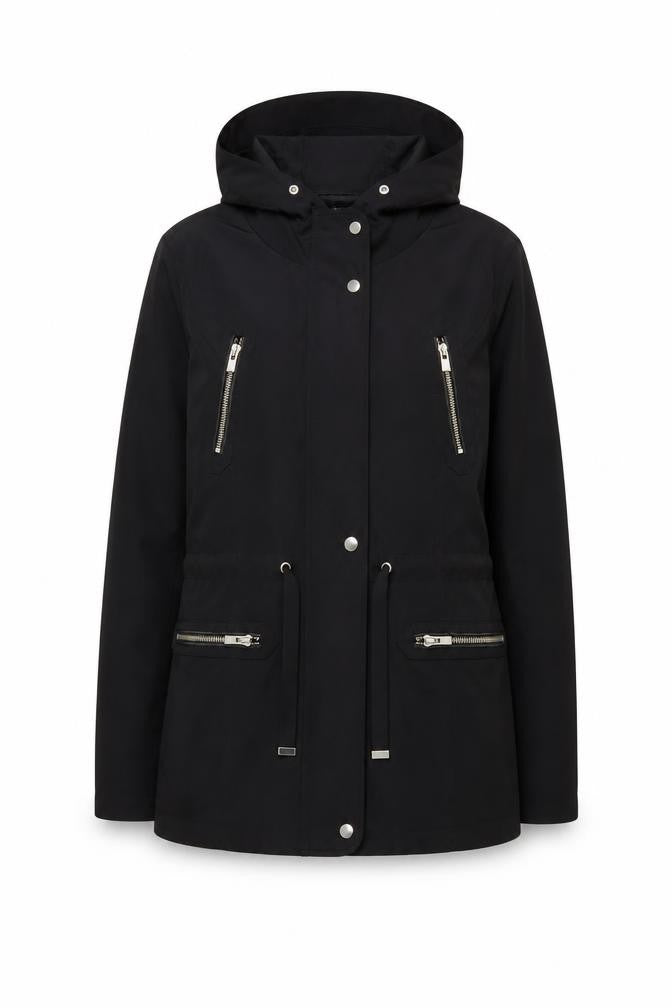 Front view of RESERVED Women's Black Mid-Length Hooded Parka Jacket, size 6