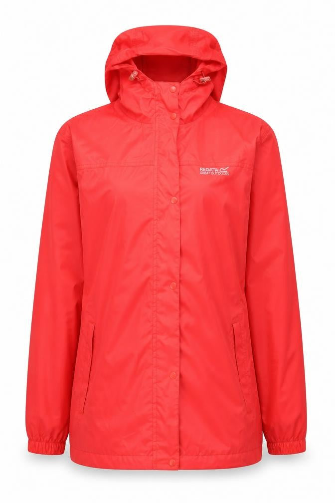 Front view of Regatta women’s red waterproof hooded rain jacket uk 12