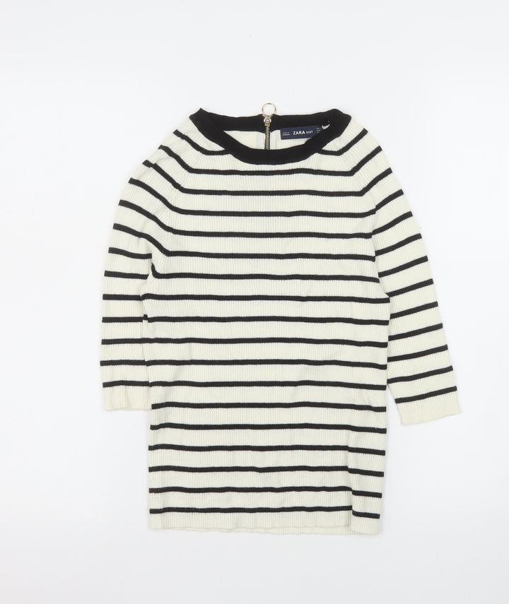 Zara Women Ivory Black Striped Knit Pullover Jumper Size M 12