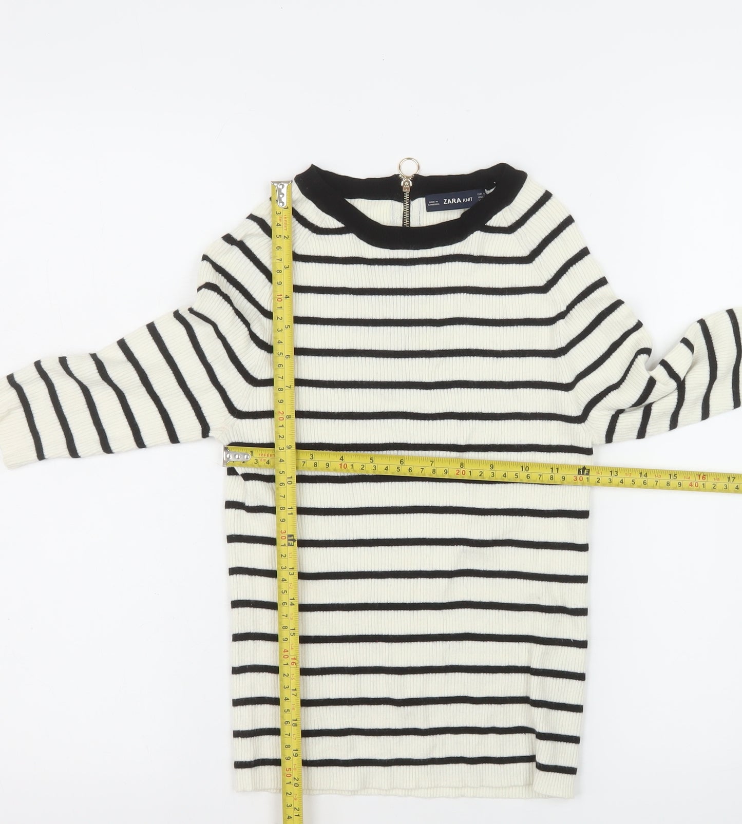 Zara Women Ivory Black Striped Knit Pullover Jumper Size M 12