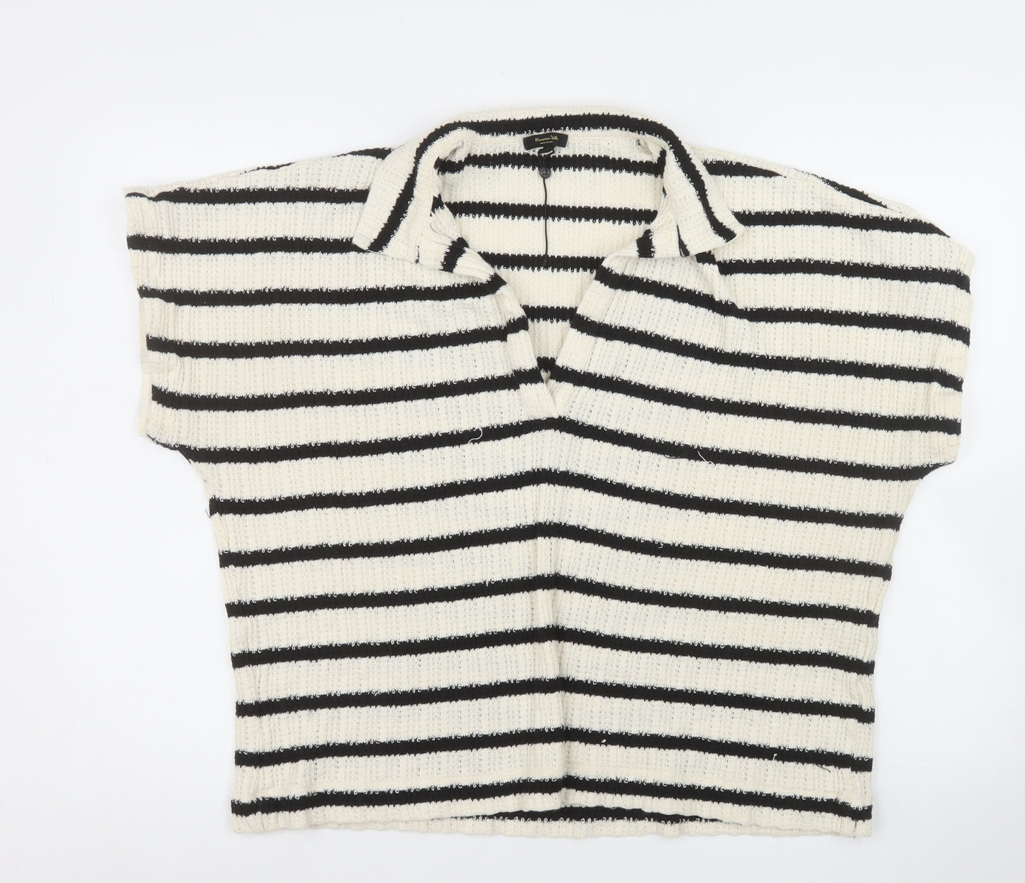 Massimo Dutti Men Black & White Striped Knit Collared L Pullover Jumper