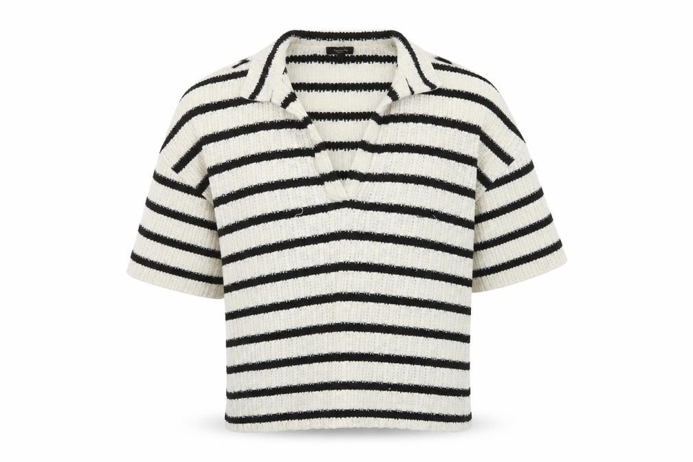 Front view of Massimo Dutti Men Black & White Striped Knit Collared L jumper