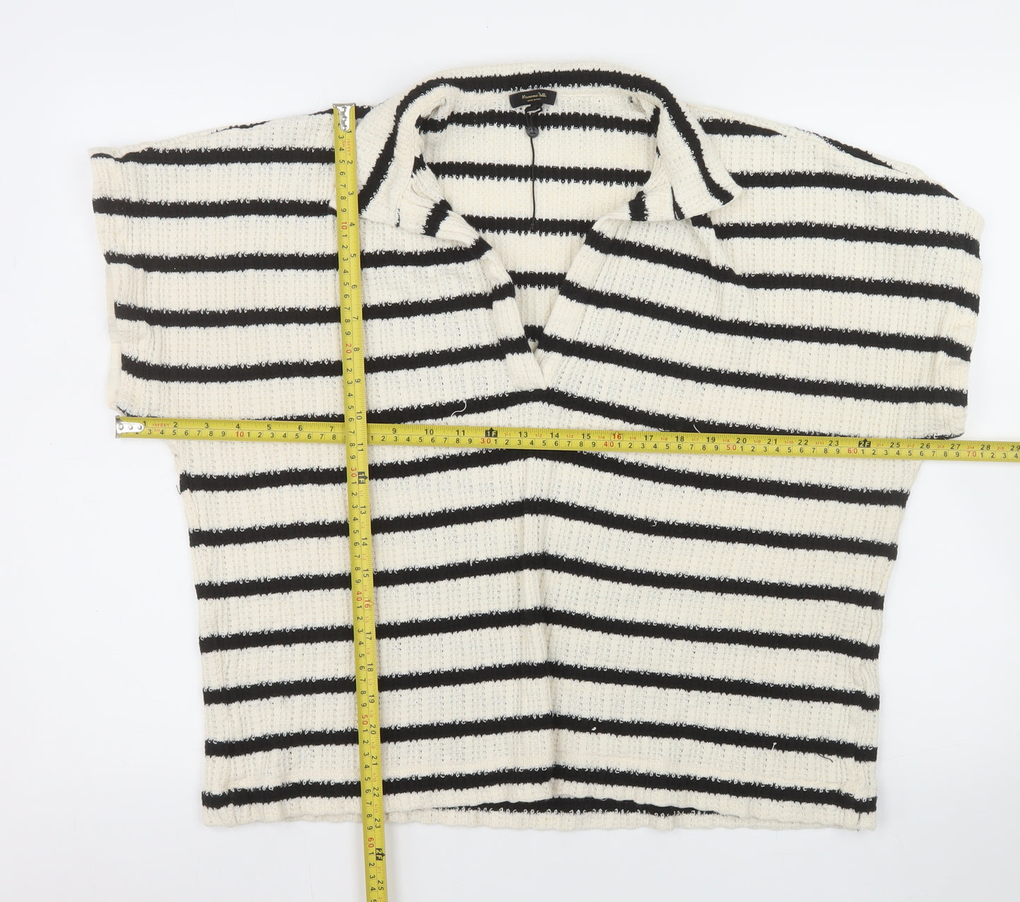 Massimo Dutti Men Black & White Striped Knit Collared L Pullover Jumper