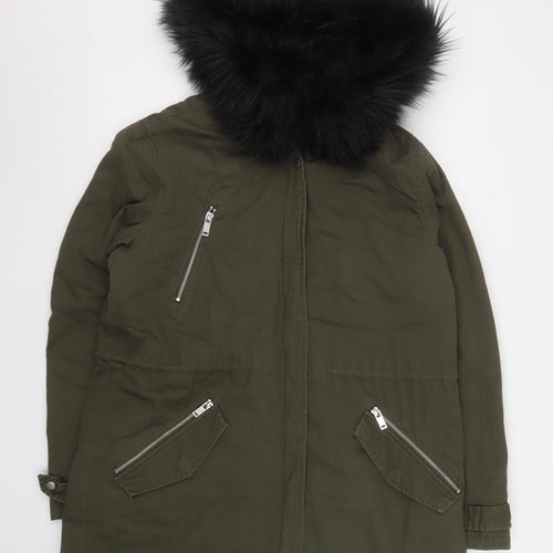 New Look Women's Green Faux Fur Trim Hooded Parka Coat UK 14