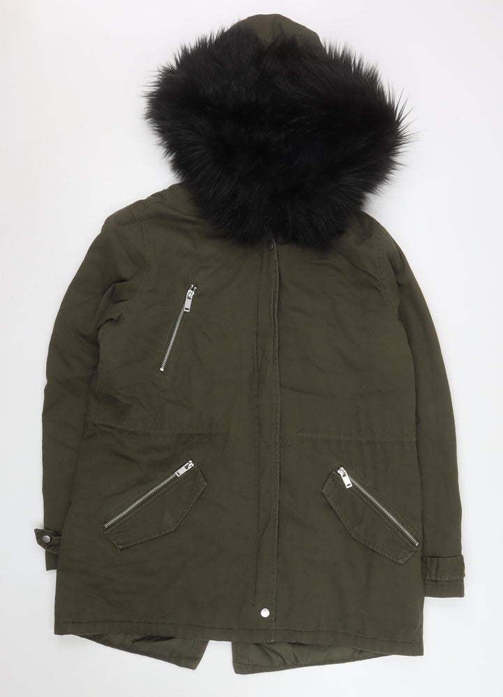 New Look Women's Green Faux Fur Trim Hooded Parka Coat UK 14