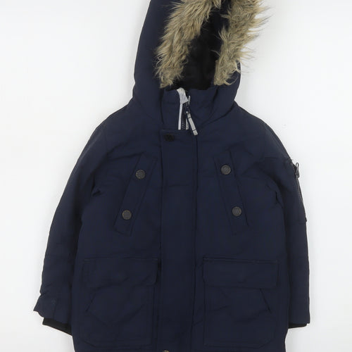 Next Boys Blue Hooded Faux Fur Trim Parka Coat 3 Years