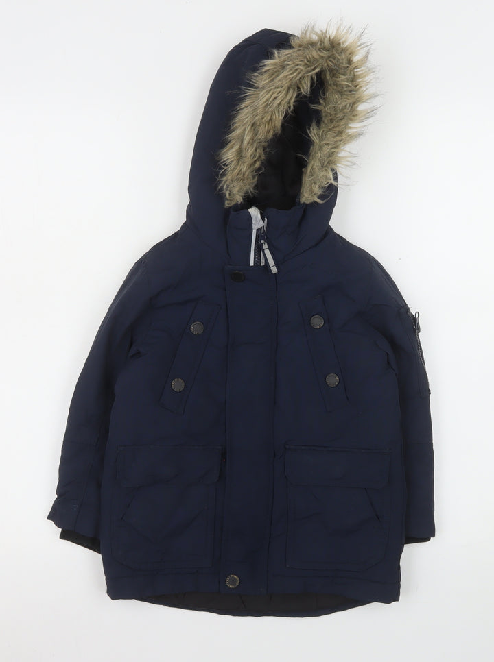 Next Boys Blue Hooded Faux Fur Trim Parka Coat 3 Years