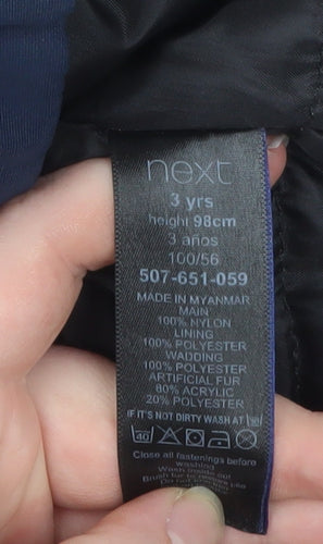 Next Boys Blue Hooded Faux Fur Trim Parka Coat 3 Years