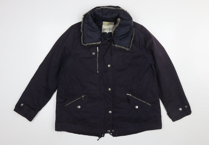 RJR John Rocha Women's Blue Parka Jacket UK 16 Fur Trim Lined Mid-Length