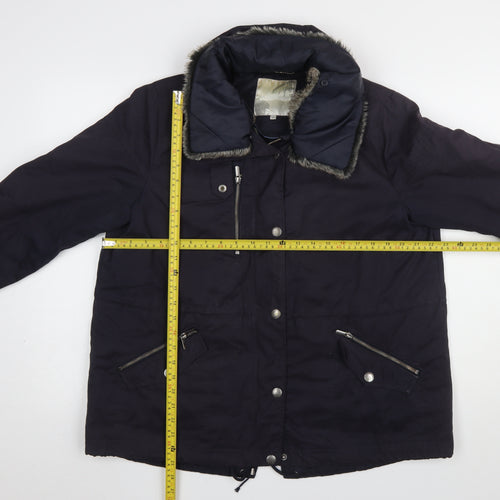 RJR John Rocha Women's Blue Parka Jacket UK 16 Fur Trim Lined Mid-Length