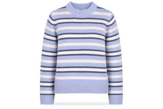Front view of H&M girls’ blue striped acrylic jumper uk 14+ long sleeve crew neck