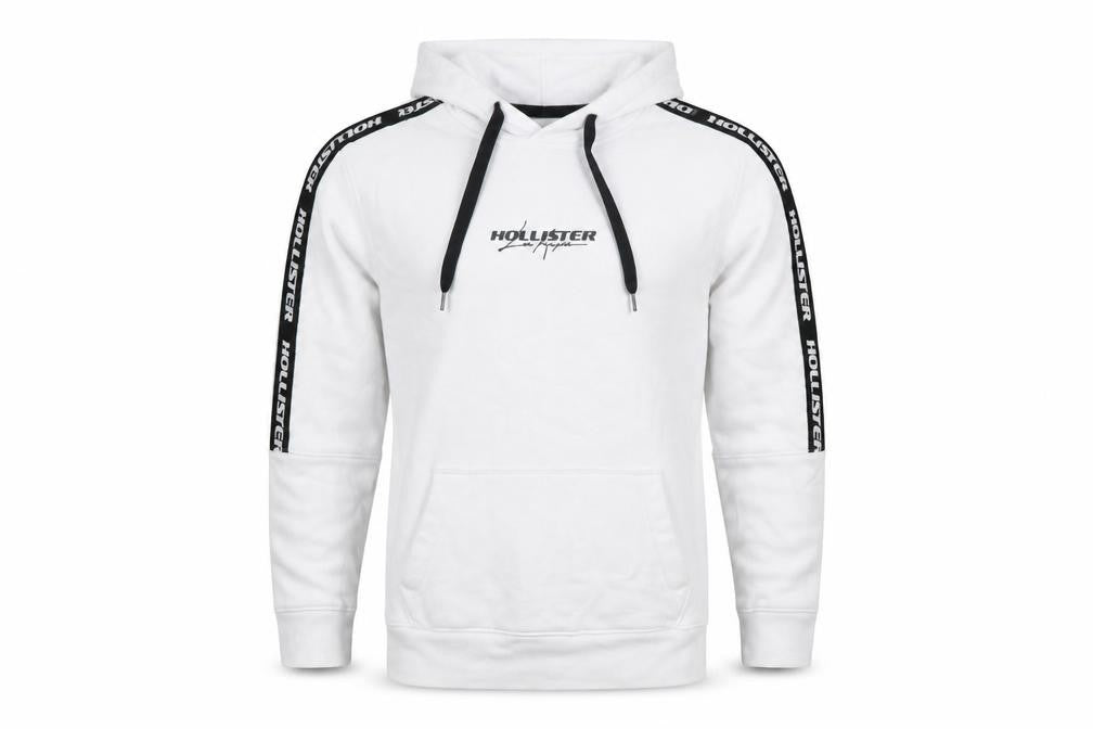 Front view of Hollister boys’ white pullover hoodie small logo graphic cotton blend