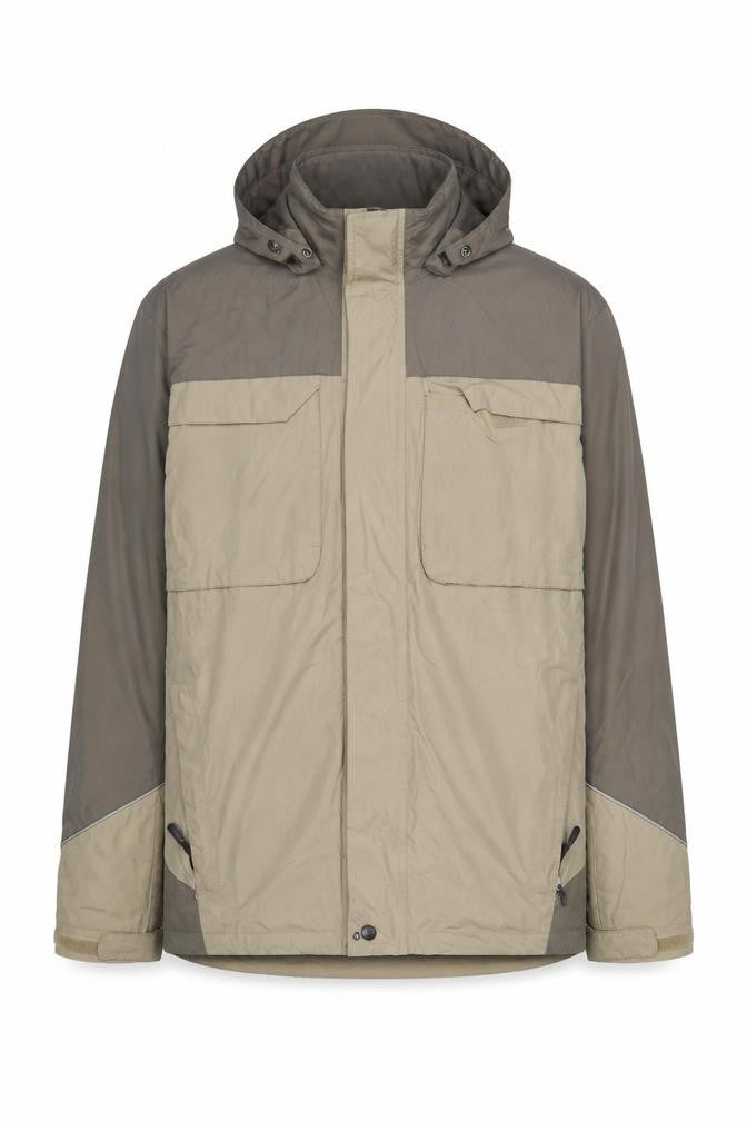 Front view of Crivit Men's Beige Waterproof Hooded Outdoor Jacket, size 42, Regular Fit
