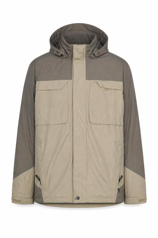 Front view of Crivit Men's Beige Waterproof Hooded Outdoor Jacket, size 42, Regular Fit