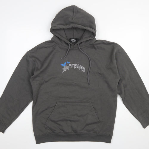 boohooMAN Men's Grey Pullover Hoodie S Graphic Skull Butterfly Design
