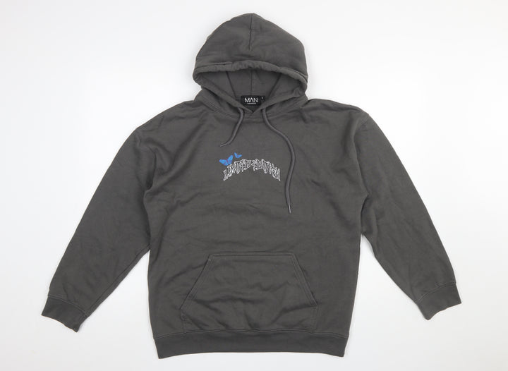 boohooMAN Men's Grey Pullover Hoodie S Graphic Skull Butterfly Design