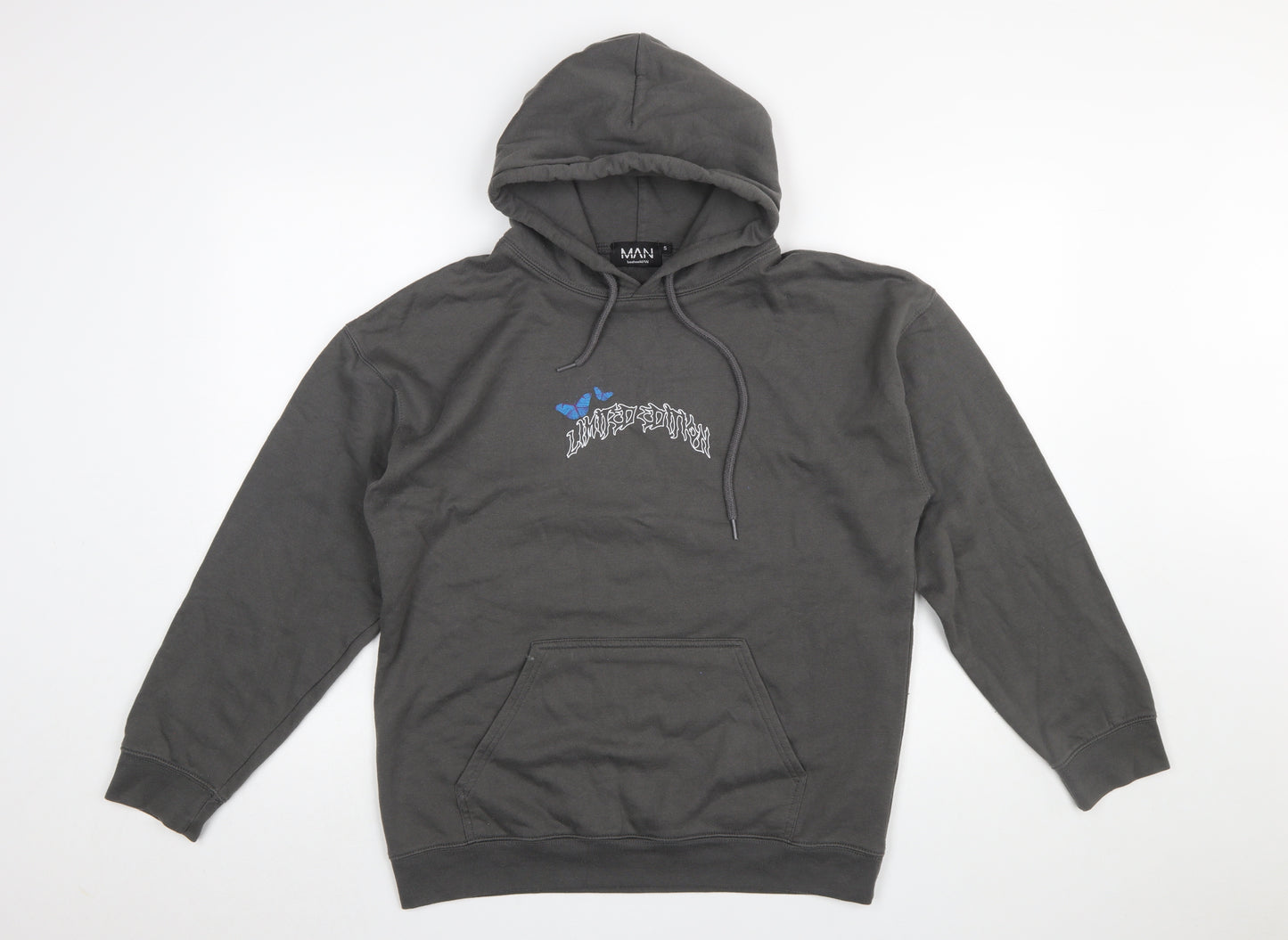 boohooMAN Men's Grey Pullover Hoodie S Graphic Skull Butterfly Design