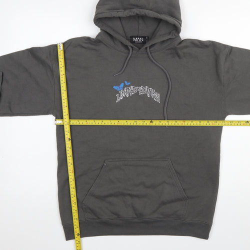 boohooMAN Men's Grey Pullover Hoodie S Graphic Skull Butterfly Design