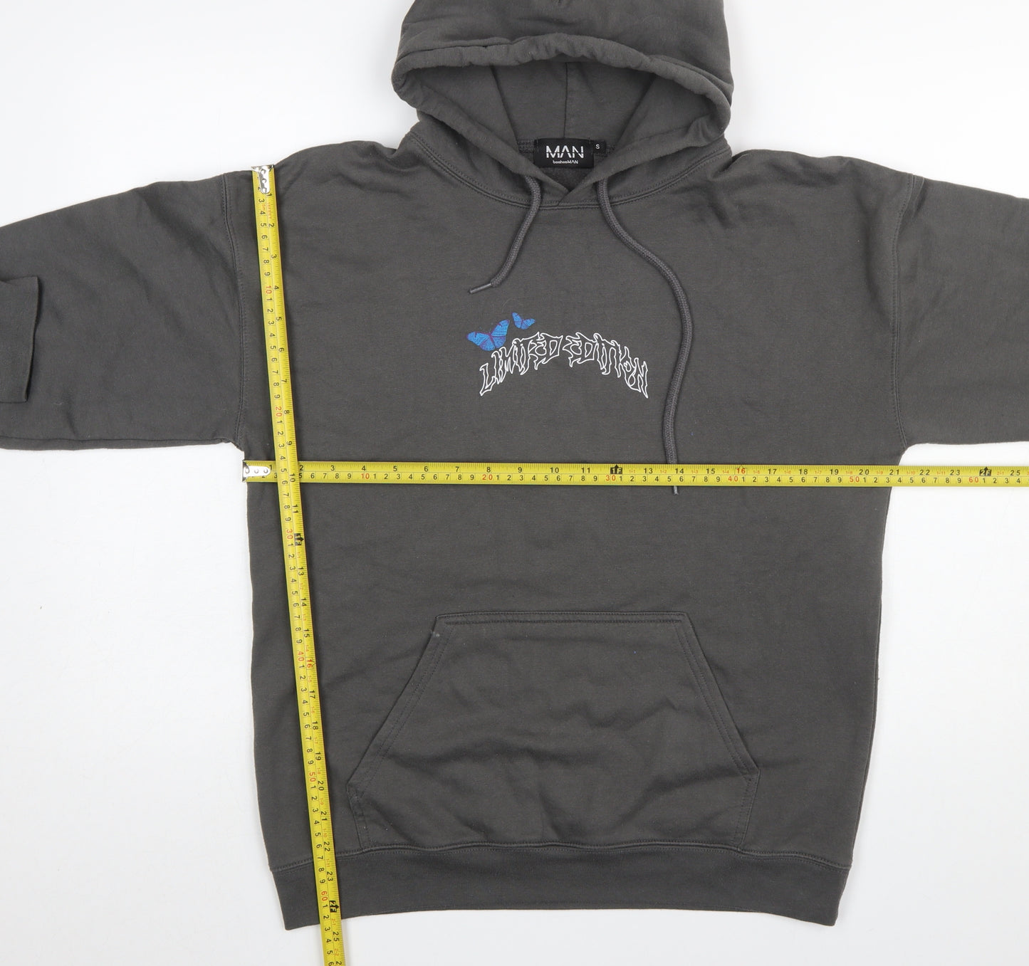 boohooMAN Men's Grey Pullover Hoodie S Graphic Skull Butterfly Design