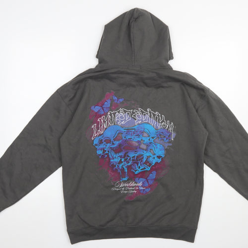 boohooMAN Men's Grey Pullover Hoodie S Graphic Skull Butterfly Design