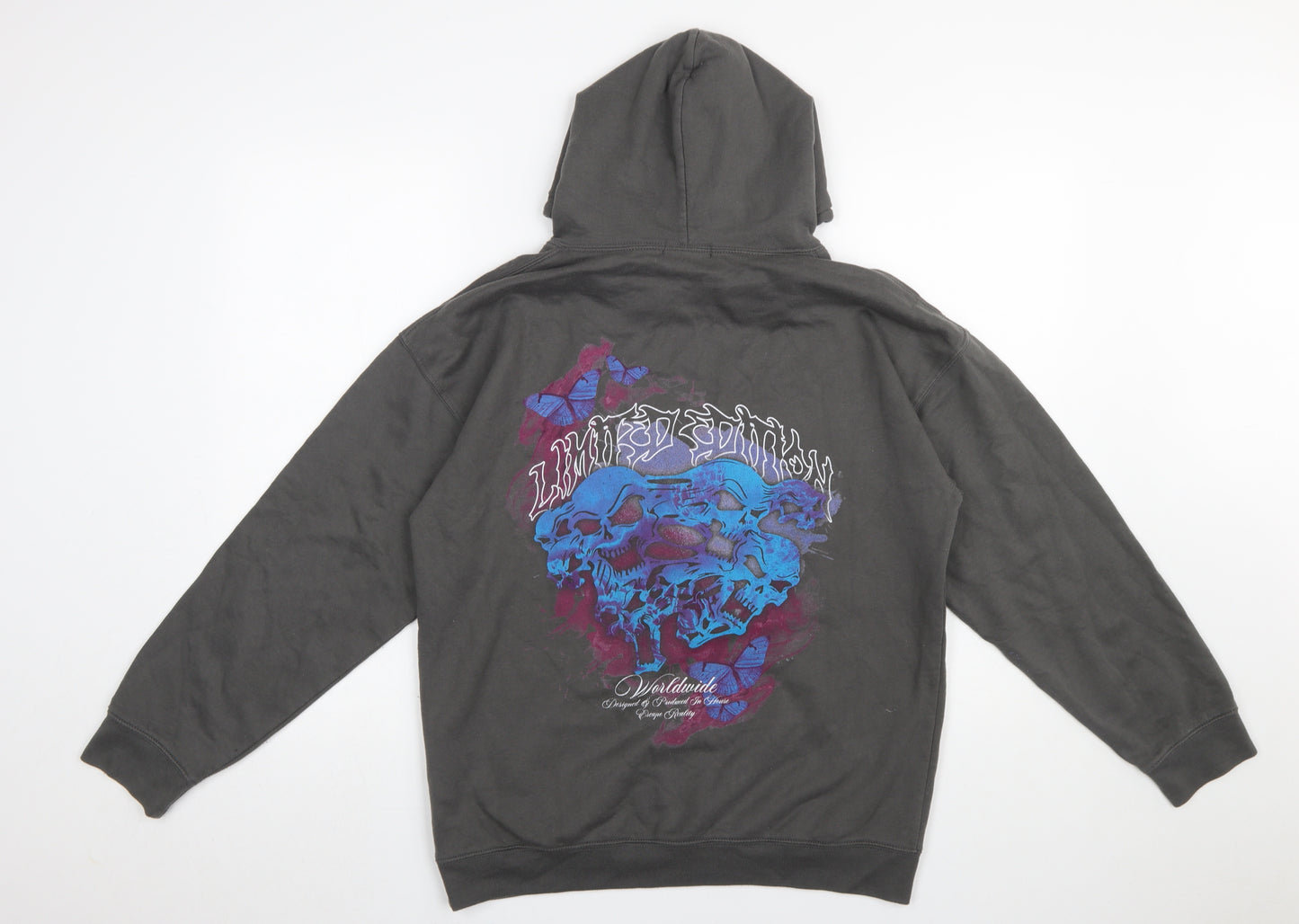 boohooMAN Men's Grey Pullover Hoodie S Graphic Skull Butterfly Design
