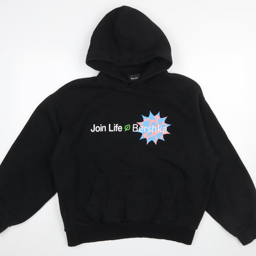Bershka Women Black Small Pullover Hoodie Join Life Graphic Cotton Blend