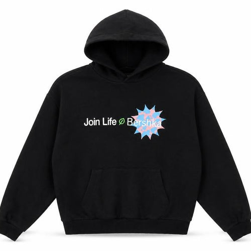 Bershka Women Black Small Pullover Hoodie Join Life Graphic Cotton Blend