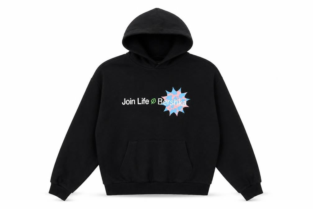Bershka Women Black Small Pullover Hoodie Join Life Graphic Cotton Blend
