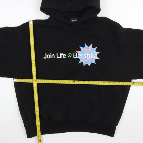 Bershka Women Black Small Pullover Hoodie Join Life Graphic Cotton Blend