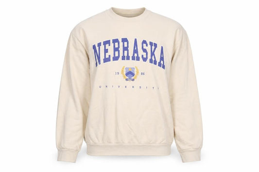 Front view of Boohoo Women Beige Nebraska University Pullover Sweatshirt M
