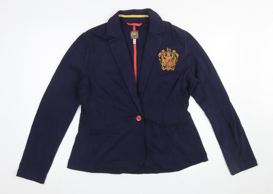 Joules Women Navy Blue Cotton Blazer Size 16 Classic Crest One-Button Jacket