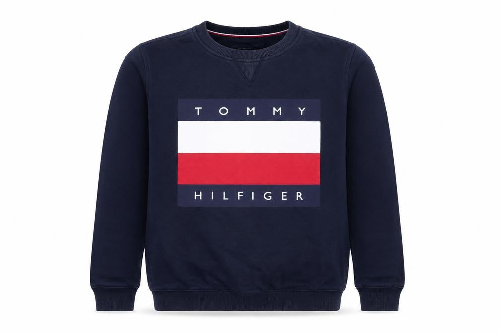 Front view of Tommy Hilfiger boys’ blue logo pullover sweatshirt 12-14 years