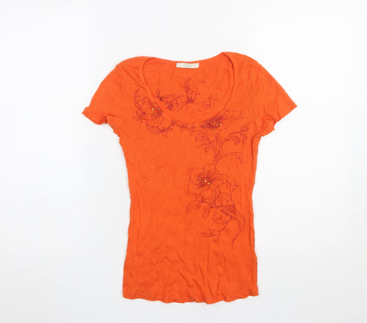 Marks and Spencer Women's Orange Floral Embroidered Cotton T-Shirt UK 10