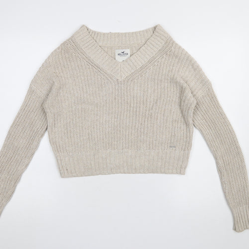 Hollister Women Beige Chunky-Knit V-Neck Pullover Jumper XS