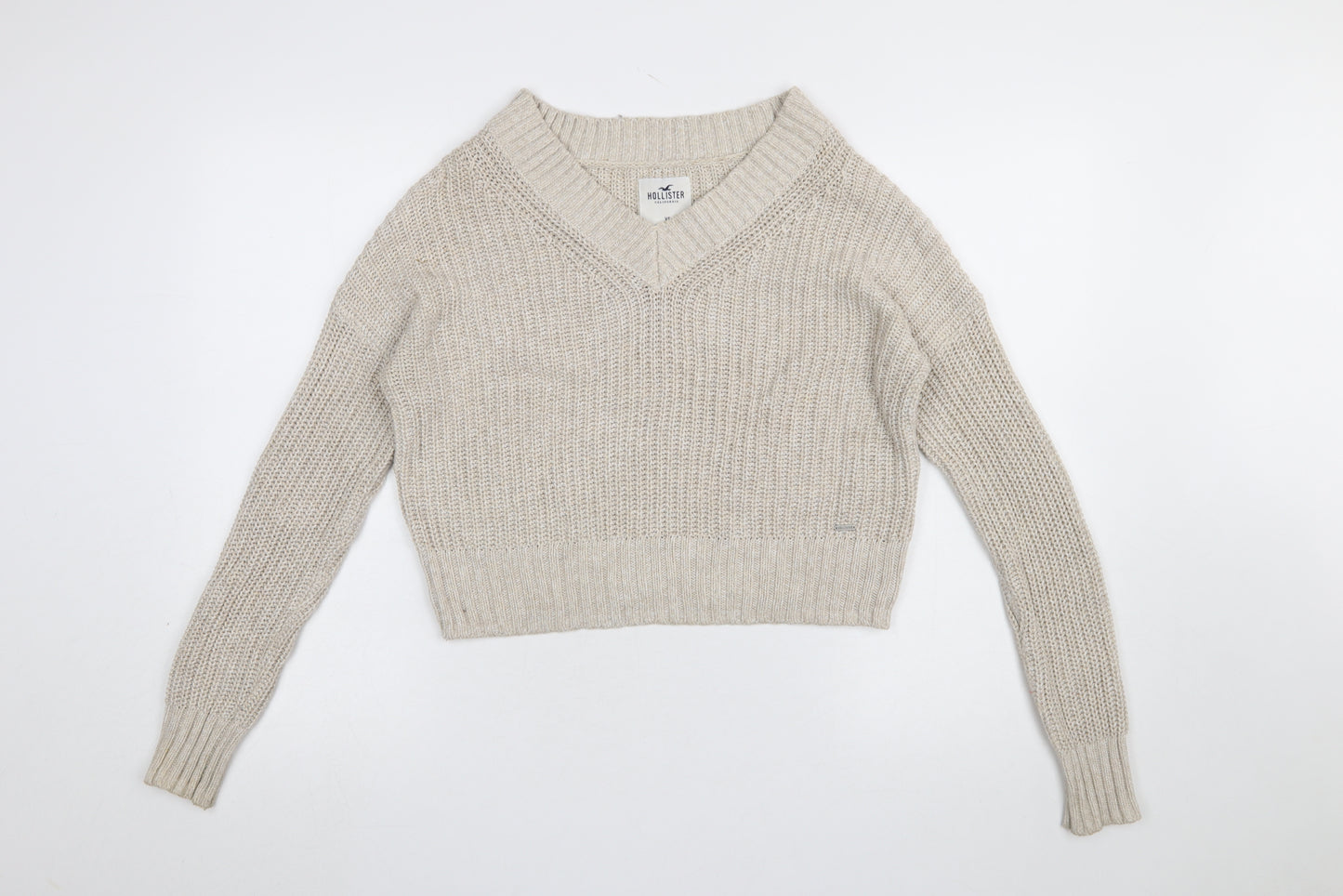 Hollister Women Beige Chunky-Knit V-Neck Pullover Jumper XS
