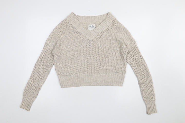 Hollister Women Beige Chunky-Knit V-Neck Pullover Jumper XS