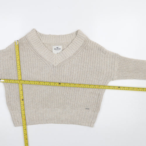 Hollister Women Beige Chunky-Knit V-Neck Pullover Jumper XS
