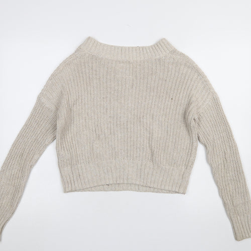 Hollister Women Beige Chunky-Knit V-Neck Pullover Jumper XS