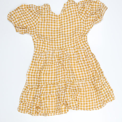 Warehouse Women Yellow Check Skater Dress Size 12 Puff Sleeve